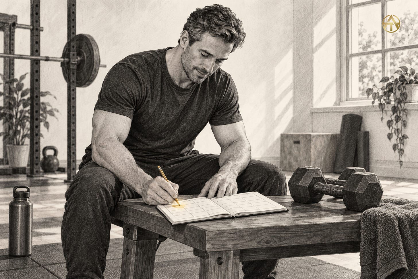 An adult plans a training week in a notebook beside a pair of weights. An adult plans a training week in a notebook beside a pair of weights.