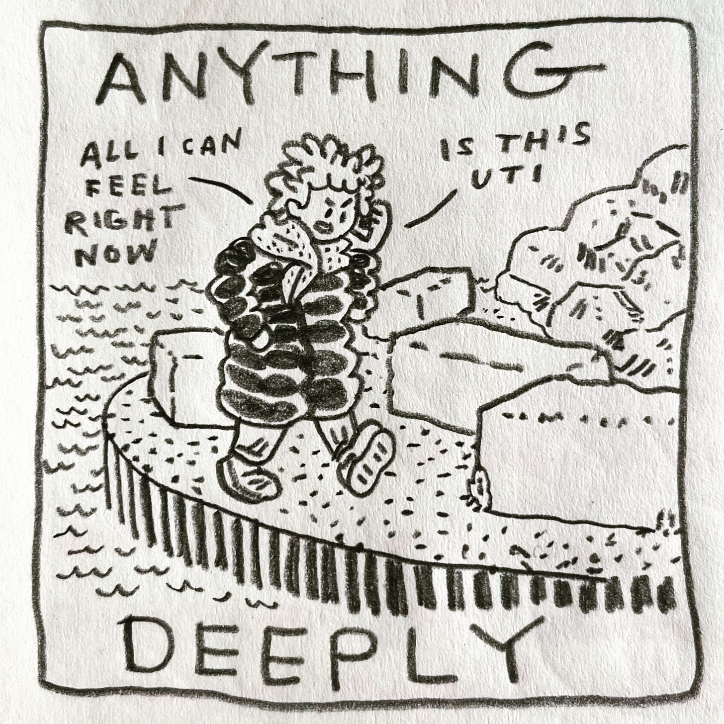 Panel 3: anything deeply Image: Lark is walking outside again, wearing a different puffy black coat. They walk past concrete benches on an outcropping overlooking Lake Michigan. They look grumpy, speaking into the phone held against her face, “all I can feel right now is this UTI"