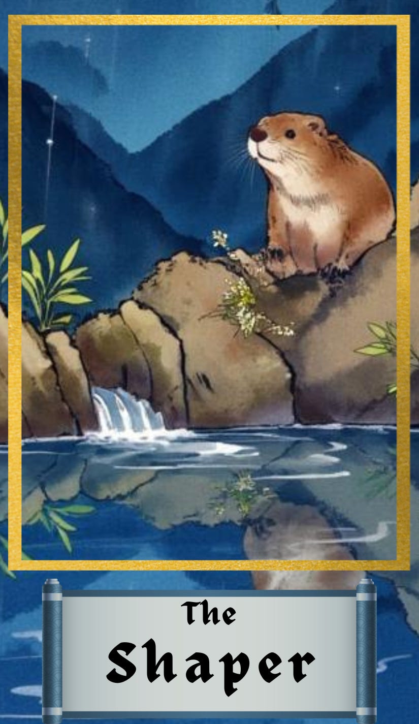 Ink sketch of a beaver overlooking his dam against a deep blue night sky, labeled "The Shaper." This image represents one of six AuthorKind Archetypes created by JL Tooker, illustrating a writer's or creative's journey. Rendered in blues and beiges, the artwork is framed in gold, evoking the style of a tarot card.