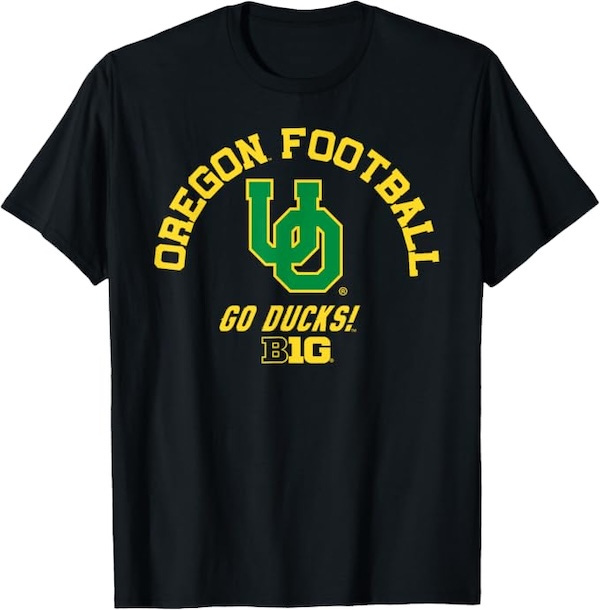 Black short-sleeve t-shirt with UO logo and bold yellow print: Oregon Football Go Ducks! B1G. Deals on seats, fan gear, and premium Oregon Football coverage at www.Ducks4.Life Black short-sleeve t-shirt with UO logo and bold yellow print: Oregon Football Go Ducks! B1G. Deals on seats, fan gear, and premium Oregon Football coverage at www.Ducks4.Life