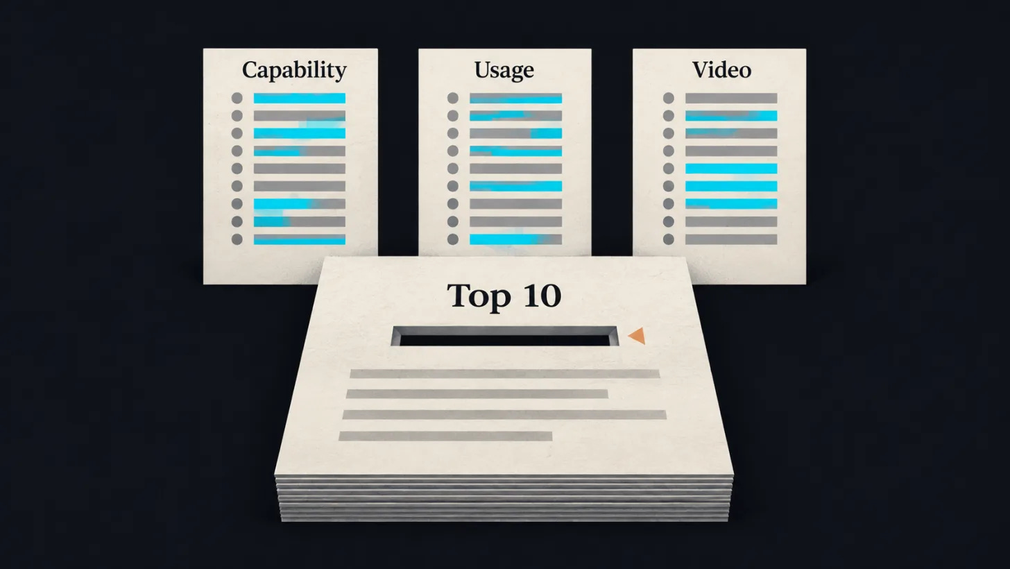 A policy document with an empty Top 10 slot and three ranking cards labelled Capability, Usage and Video