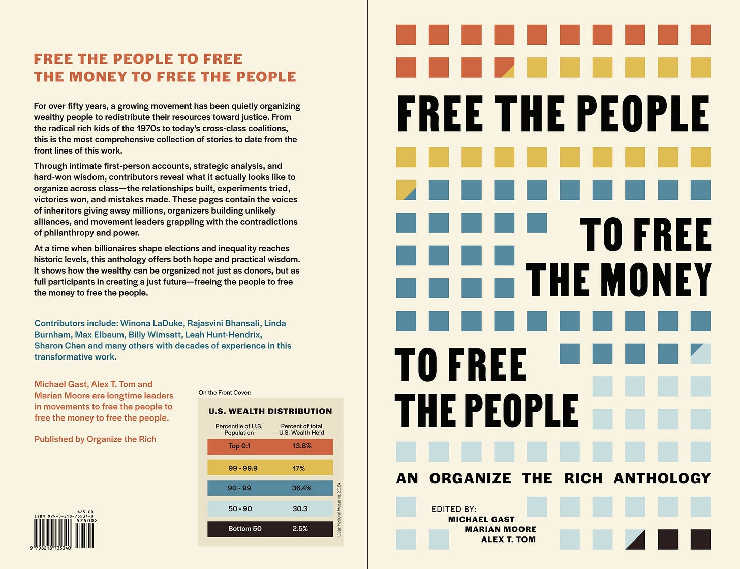 Image of the front and back cover of the anthology. The cover has little boxes of different colors representing the distribution of wealth in the US. On the cover is the title, "Free the People to Free the Money to Free the People. An Organize the Rich Anthology. Edited by: Michael Gast, Marian Moore, Alex T. Tom"