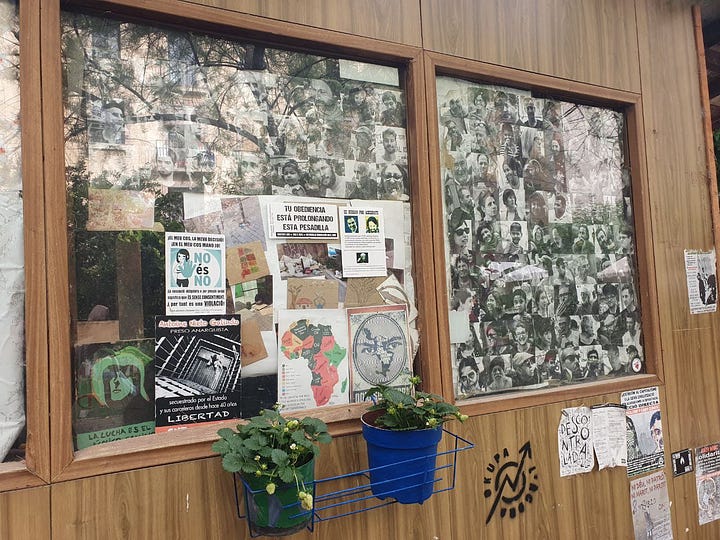 Three people are standing arm in arm, two are white, one is Black. They are smiling. There are plants in the background. They stand on dirt soil. The next foto shows a window with political stickers and many small photographs of faces in black and white collaged together.