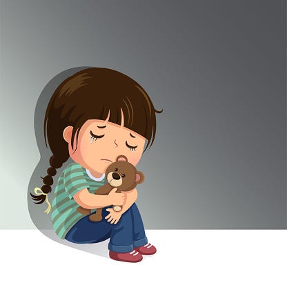 Sad Little Girl Sitting Alone With Her Teddy Bear Stock Illustration -  Download Image Now - iStock