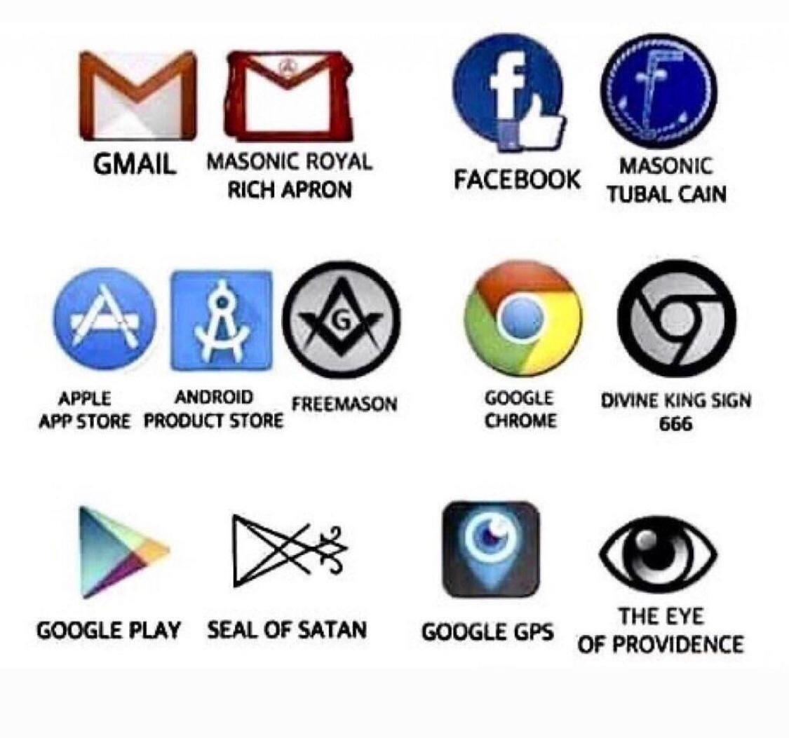 The Honest Veteran on X: "Did you know that some of the tools you use every  day have logos that have some striking similarities to Freemason and  Satanic symbols? #Gmail #Facebook #Apple #