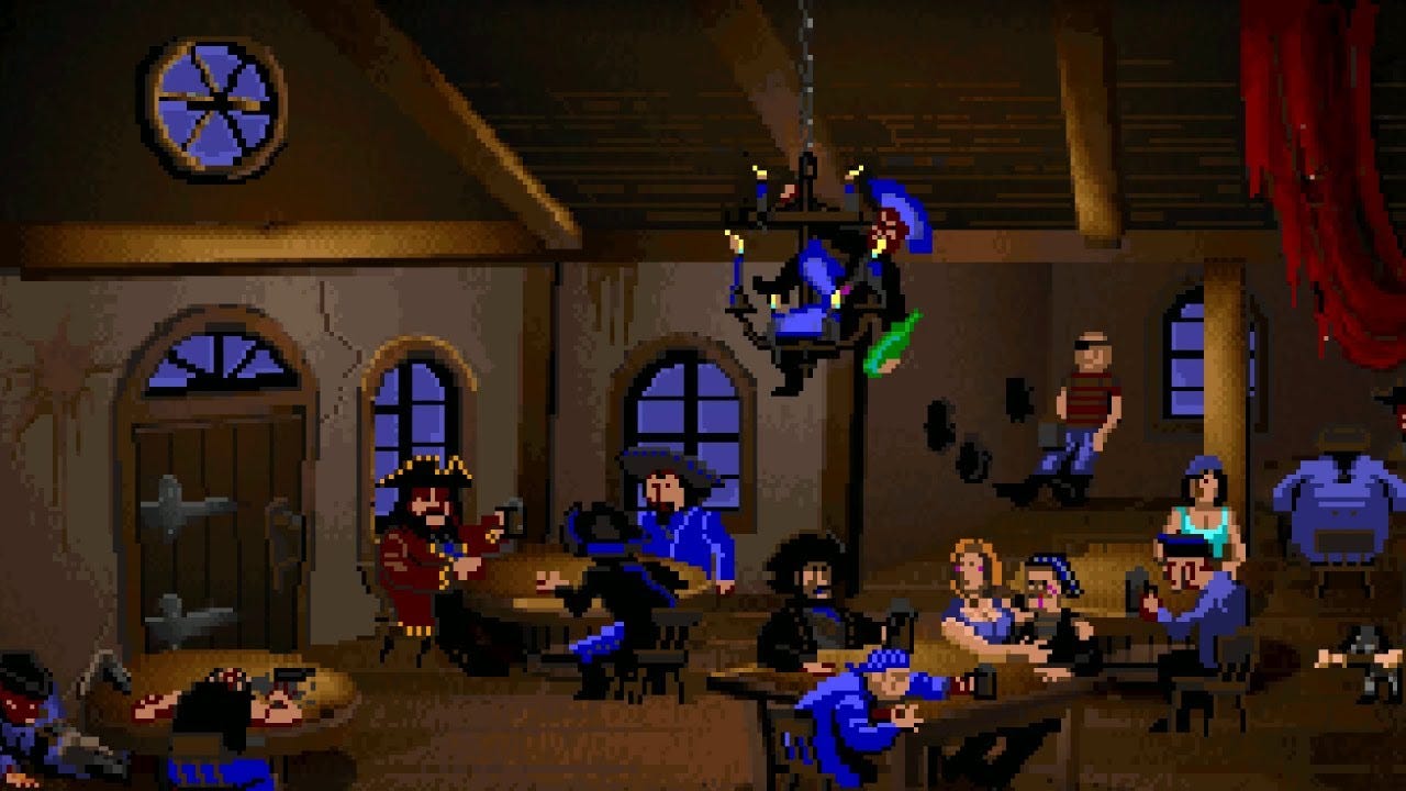 Pixel-art tavern scene, jokingly referred to in the interview as the Pottle in Beeston.