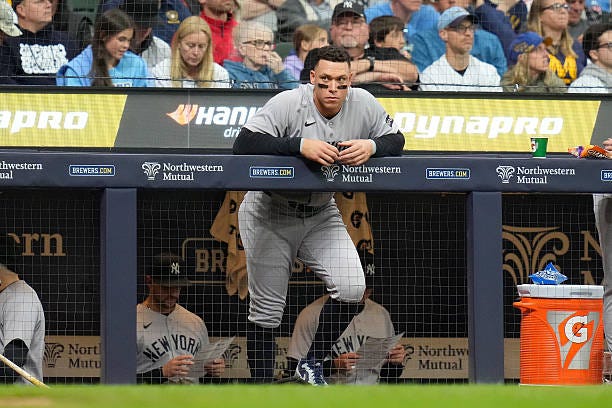 Aaron Judge of the New York Yankees looks on in the sixth inning against the Milwaukee Brewers at American Family Field on May 08, 2026 in Milwaukee,... Aaron Judge of the New York Yankees looks on in the sixth inning against the Milwaukee Brewers at American Family Field on May 08, 2026 in Milwaukee,...