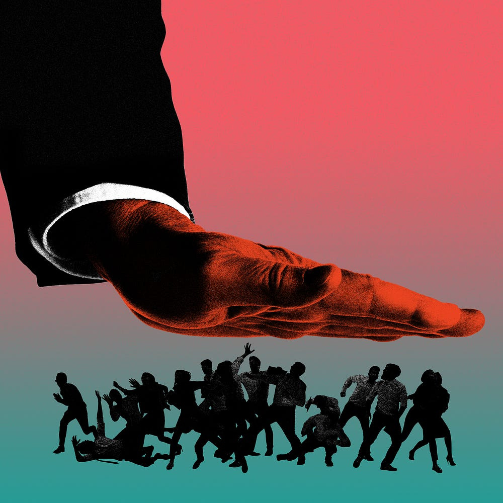 A huge hand is pressing down on a crowd of people, who appear frightened and as if they are trying to escape.