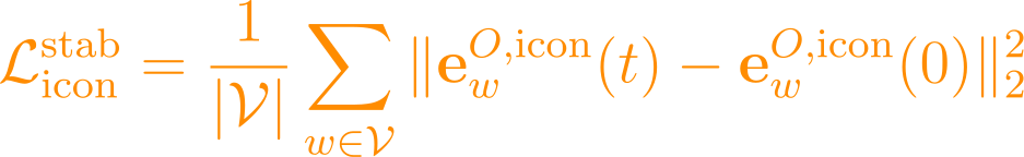 \mathcal{L}_{\text{icon}}^{\text{stab}} = \frac{1}{|\mathcal{V}|}\sum_{w \in \mathcal{V}} \|\mathbf{e}_w^{O,\text{icon}}(t) - \mathbf{e}_w^{O,\text{icon}}(0)\|_2^2