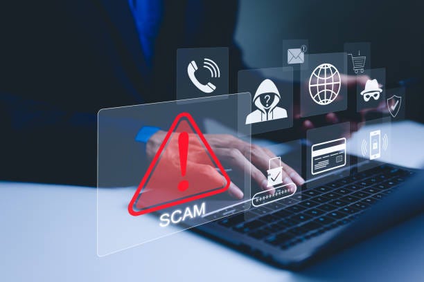 Scam Alert Warning with Cybersecurity Icons. A person using laptop, warning sign for scams with icons representing online threats, phishing, and cybersecurity. Unknown person, suspicious scammer, Scam Alert Warning with Cybersecurity Icons. A person using laptop, warning sign for scams with icons representing online threats, phishing, and cybersecurity. Unknown person, suspicious scammer, phishing scam stock pictures, royalty-free photos & images