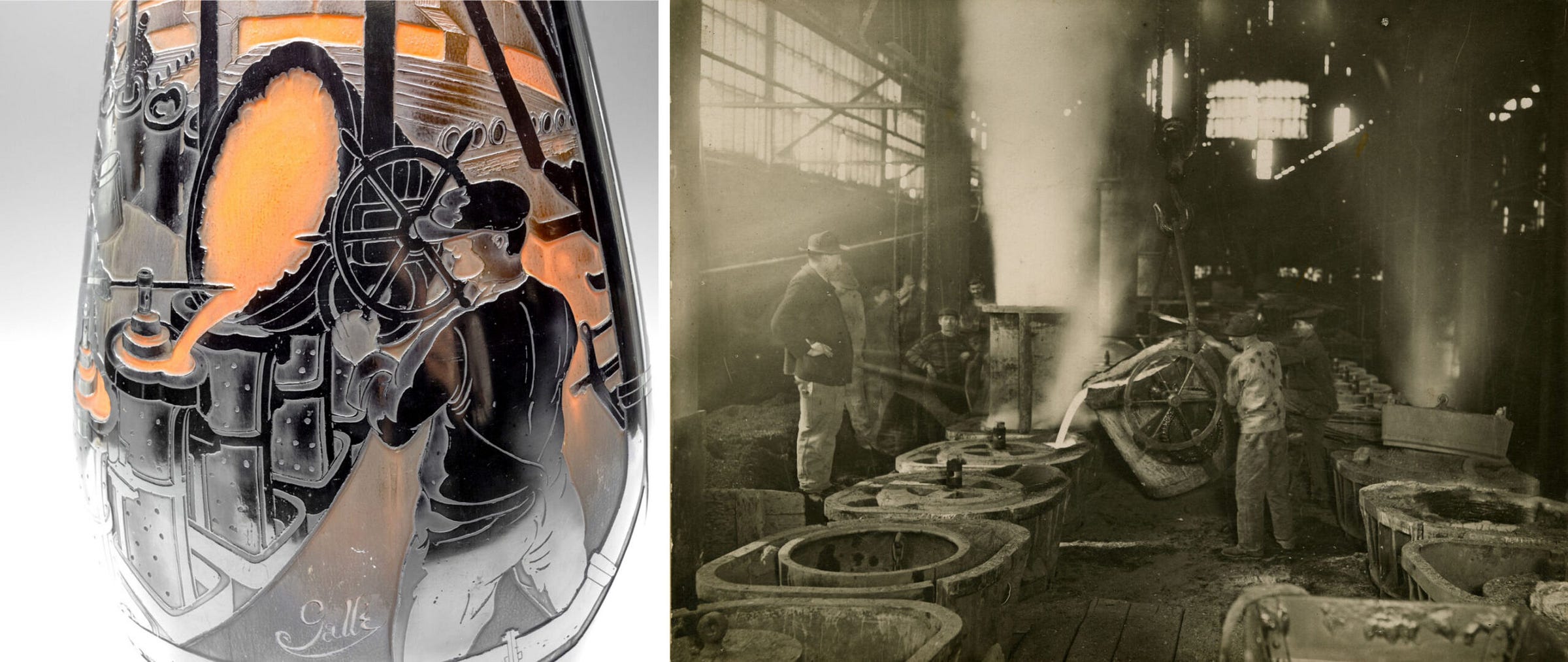 The ladling of cast iron in large pipes’ mould, on the Thomas vase (© New Art Est-Ouest) and on a photograph from the PAM SA archives (Musée Au Fil du Papier, Pont-à-Mousson). The ladling of cast iron in large pipes’ mould, on the Thomas vase (© New Art Est-Ouest) and on a photograph from the PAM SA archives (Musée Au Fil du Papier, Pont-à-Mousson).