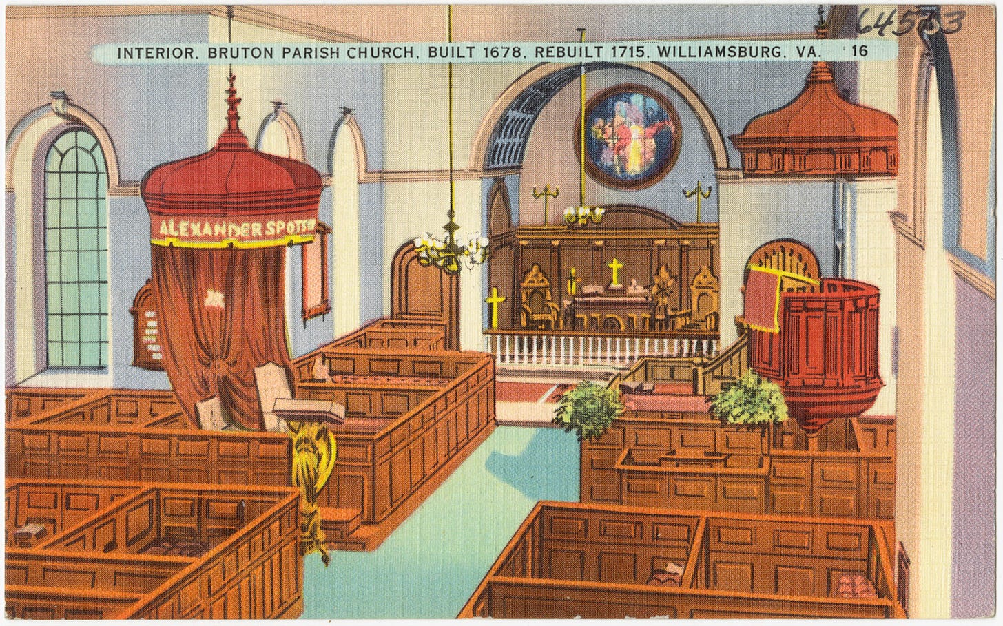 An original postcard shows the interior of an historic colonial church — with altar, stained-glass windows, preaching loft, and a large chair for the governor. There are wooden box pews for the parishioners. An original postcard shows the interior of an historic colonial church — with altar, stained-glass windows, preaching loft, and a large chair for the governor. There are wooden box pews for the parishioners.