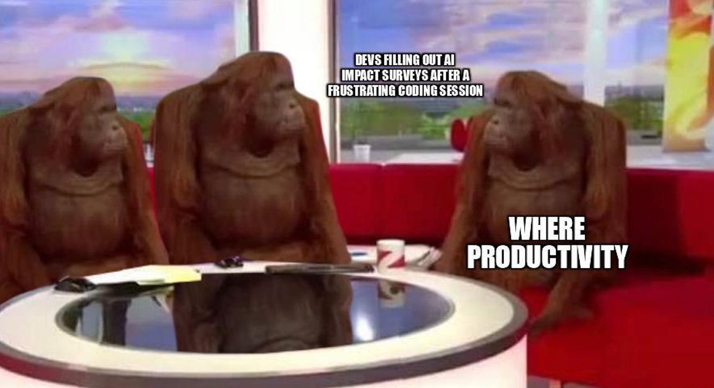 Meme: Devs filling out an impact surveys about frustration in coding