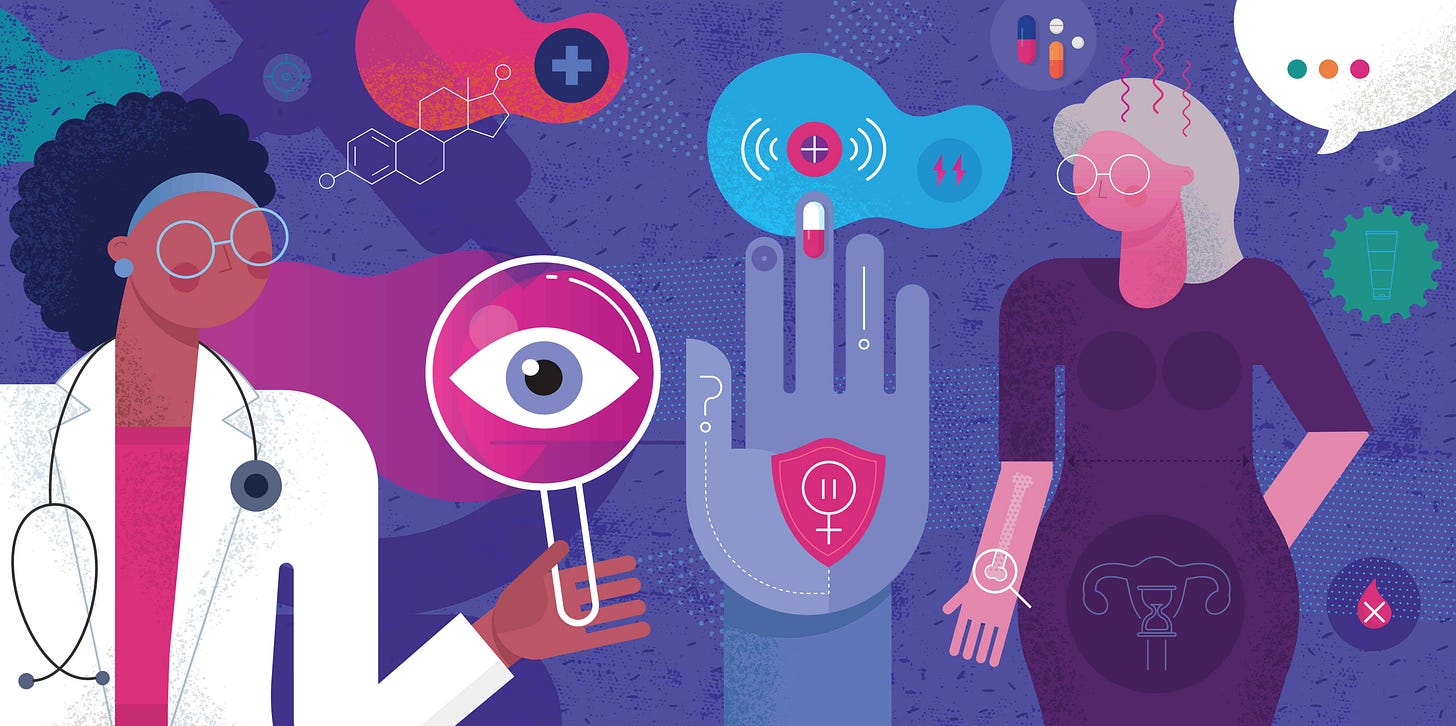 an illustration showing a woman in a doctor's coat and stethoscope holding a magnifying glass with an eye and another woman with an outline of a uterus on her abdomen plus symbols around an illustration showing a woman in a doctor's coat and stethoscope holding a magnifying glass with an eye and another woman with an outline of a uterus on her abdomen plus symbols around