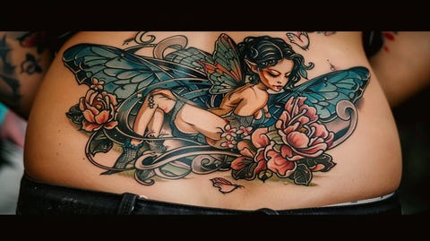 Unique colorful body art showing a fairy surrounded with nice flowers. Unique colorful body art showing a fairy surrounded with nice flowers.