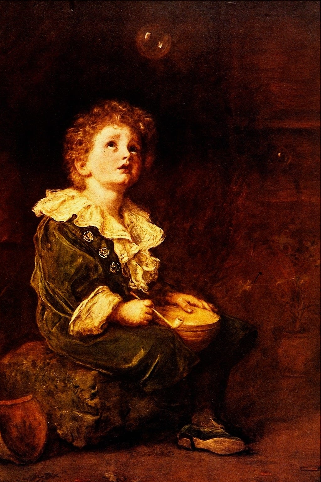 A curly-haired boy in a velvet suit looks up at a soap bubble, a pipe in his hand and a bowl on his lap
