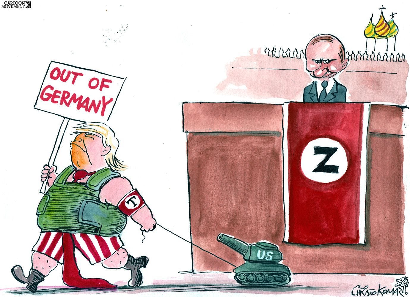 Cartoon showing Donald Trump pulling a toy tank and a sign that reads 'Out of Germany'. He is walking past Putin standing on a podium wit a banner with a 'Z on it and the Kremlin behind it, resembling the setting of Russia's yearly Victory Parade.