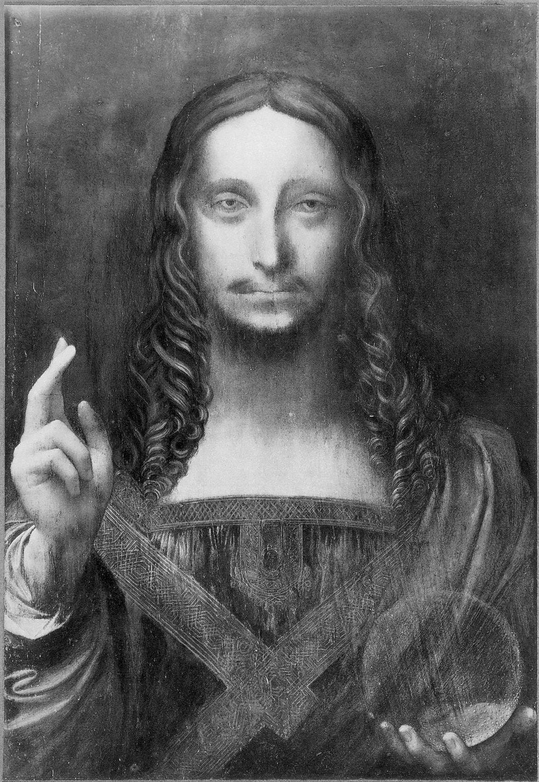 Salvator Mundi before restoration, black and white photograph, Cook Collection. Salvator Mundi before restoration, black and white photograph, Cook Collection.