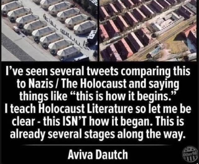 May be an image of text that says 'HAILLJN I've seen several tweets comparing this to Nazis The Holocaust and saying things like "this is how it begins.' I teach Holocaust Literature so let Te be clear- this ISN'T how it began. This is already several stages along the way. Aviva Dautch'