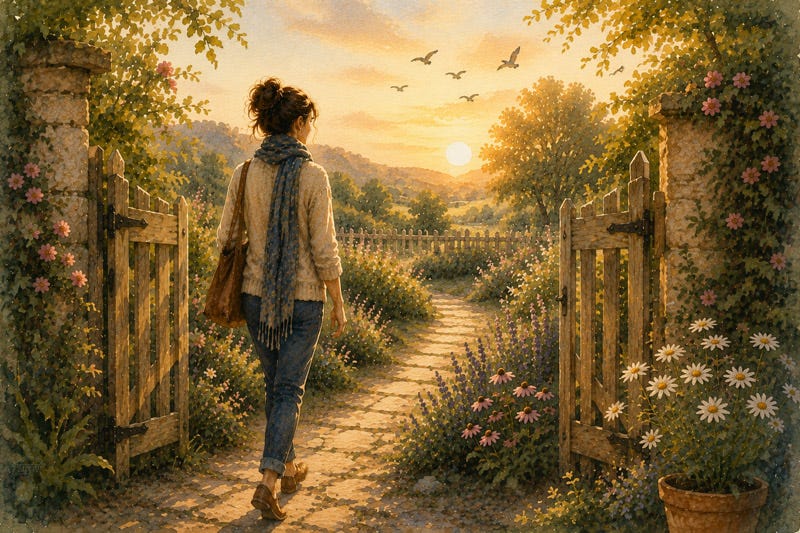 A woman walking through an open garden gate toward a peaceful sunlit path, symbolizing healthy boundaries, protecting emotional energy, and finding peace through intentional self-care. A woman walking through an open garden gate toward a peaceful sunlit path, symbolizing healthy boundaries, protecting emotional energy, and finding peace through intentional self-care.