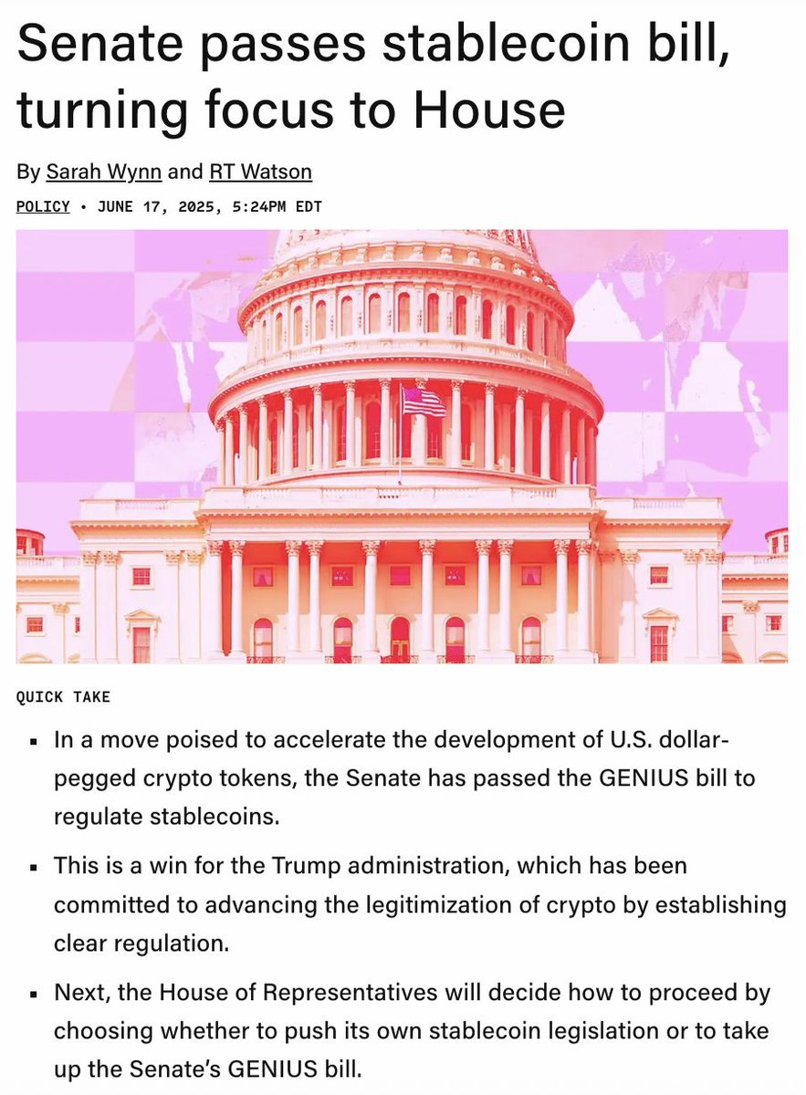 Senate Passes GENIUS Stablecoin Bill 68-30, First Federal Crypto Rules Now  Head to House - "The Defiant"