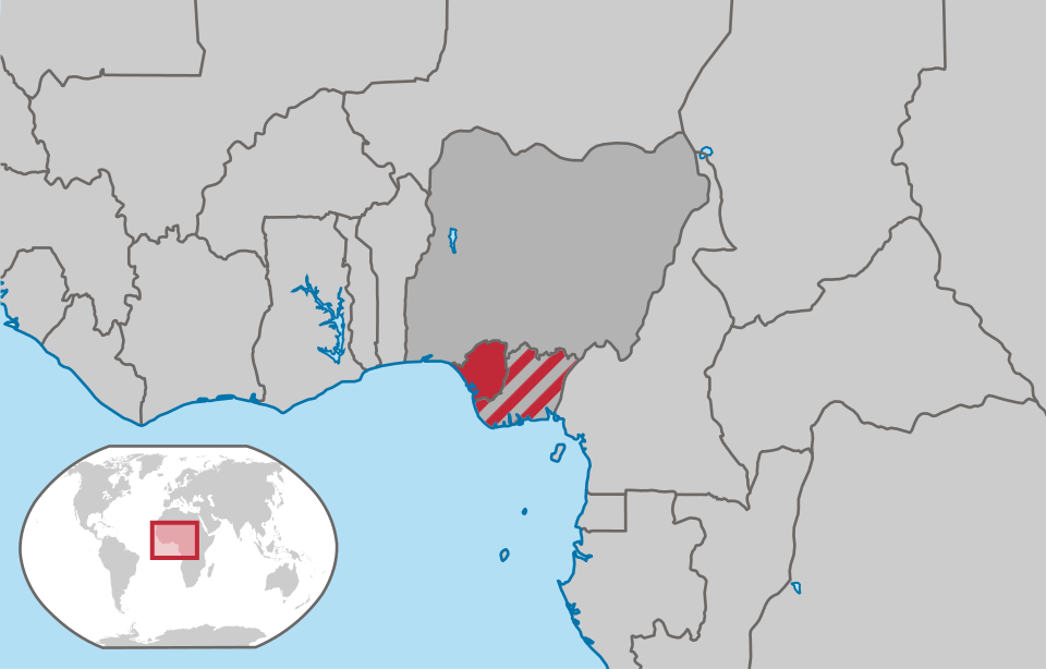Location of the Republic of Benin in red, with Biafra in striped red and Nigeria in dark gray. Location of the Republic of Benin in red, with Biafra in striped red and Nigeria in dark gray.