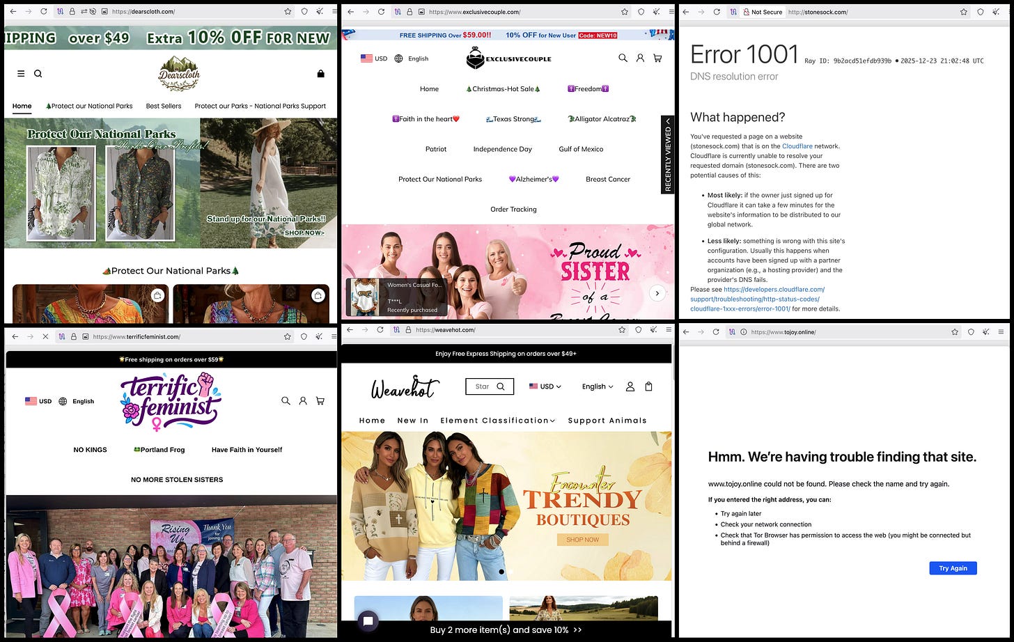 screenshots of the current states of the Dearscloth, Terrific Feminist, WeaveHot, Stonesock, Tojoy, and Exclusive Couple websites