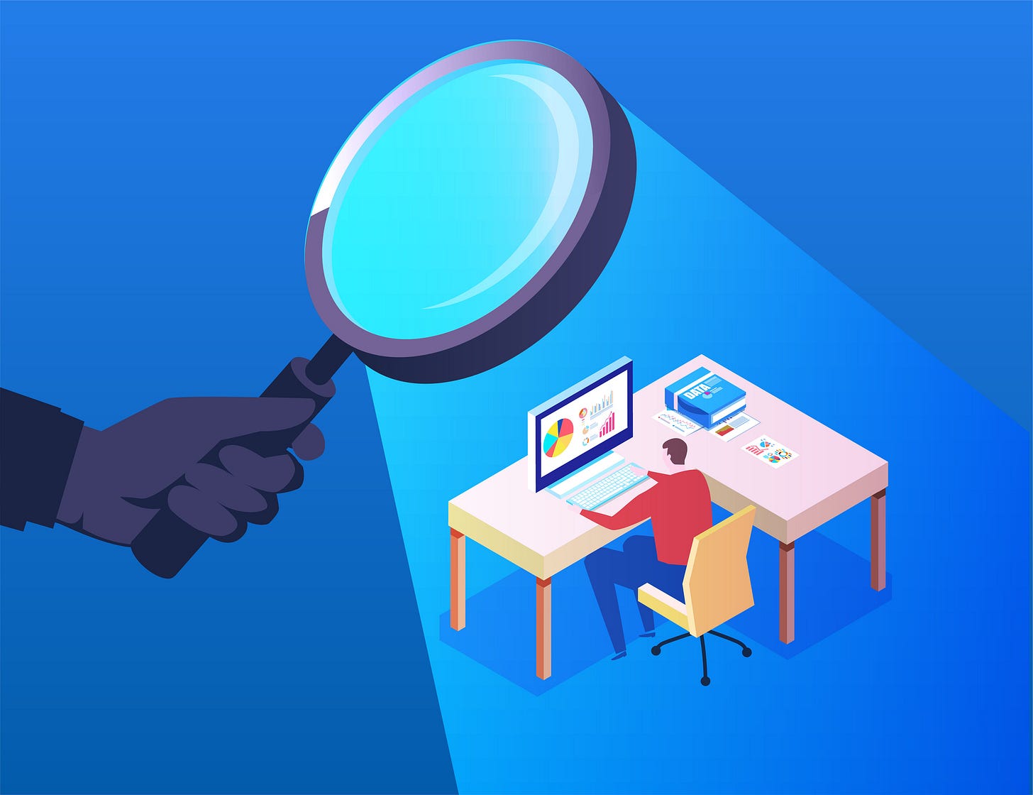 Illustration of employee monitoring (a disembodied hand holds a magnifying glass over an employee sitting at a desk).