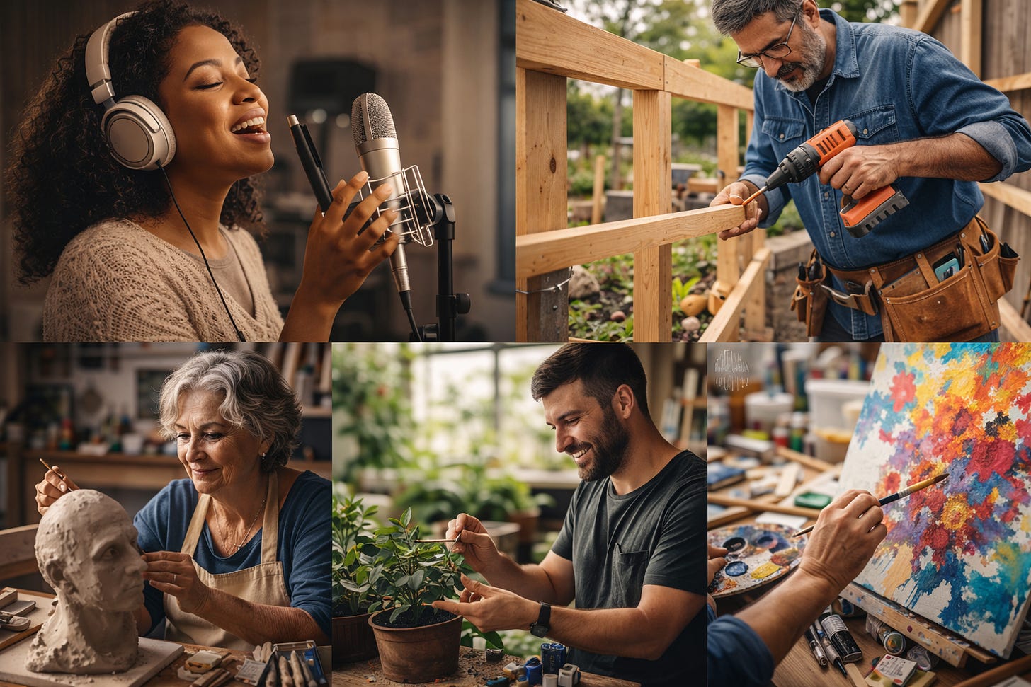 Collage of five people using different creative skills and tools in everyday settings: a woman singing into a microphone, a man building with a power drill, an older woman sculpting a clay bust, a man tending a potted plant, and a close-up of hands painting a colorful canvas.