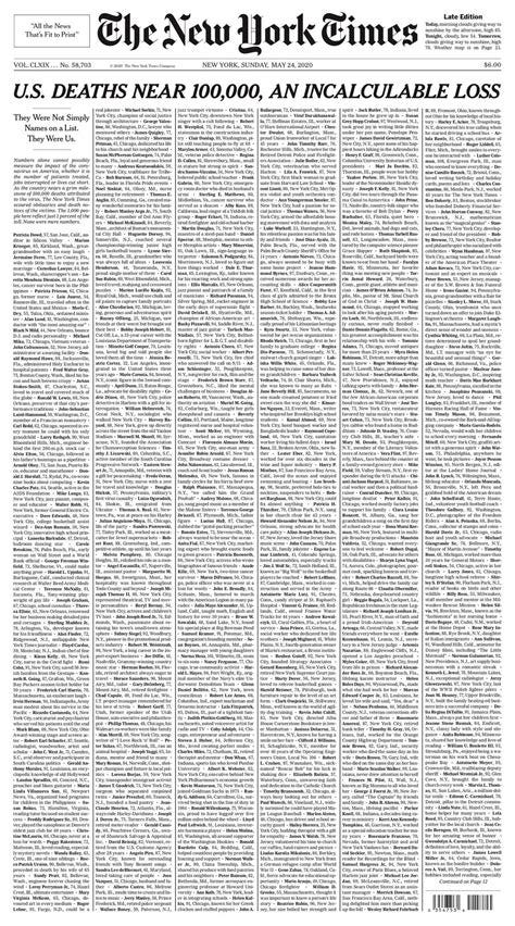 A picture of the NY Times front page from May 2020 with the headline An Incalculable Loss 