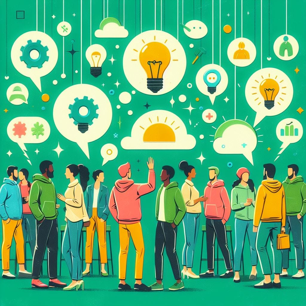 abstract lo-fi digital art of diverse happy men and women mingling in a green room wearing hoodies and other casual clothes, and there are thought bubbles above their heads indicating that they are sharing valuable ideas (such as light bulb symbols) abstract lo-fi digital art of diverse happy men and women mingling in a green room wearing hoodies and other casual clothes, and there are thought bubbles above their heads indicating that they are sharing valuable ideas (such as light bulb symbols)