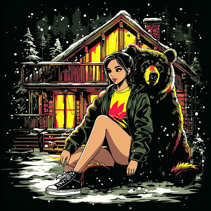 Cinematic editorial scene of a Black woman gentlya large winter bear in a quiet snowy forest at dusk, soft snow falling, deep blue twilight sky