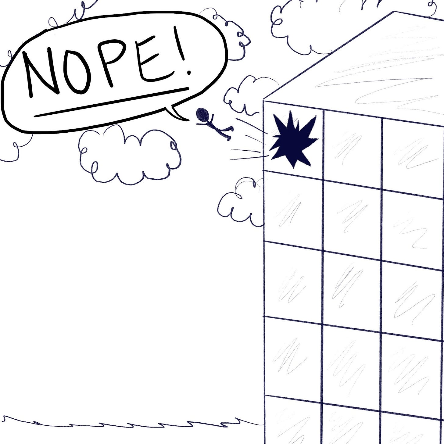 A black silouhette figure crashes through the building window and says, "NOPE!: