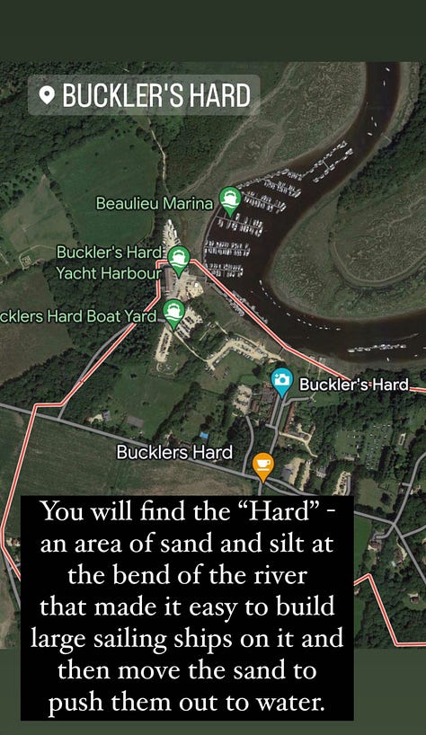 Maps showing the location of Buckler's Hard on the southern coast of the UK. It is near the Isle of Wight, just up the Beaulieu River.