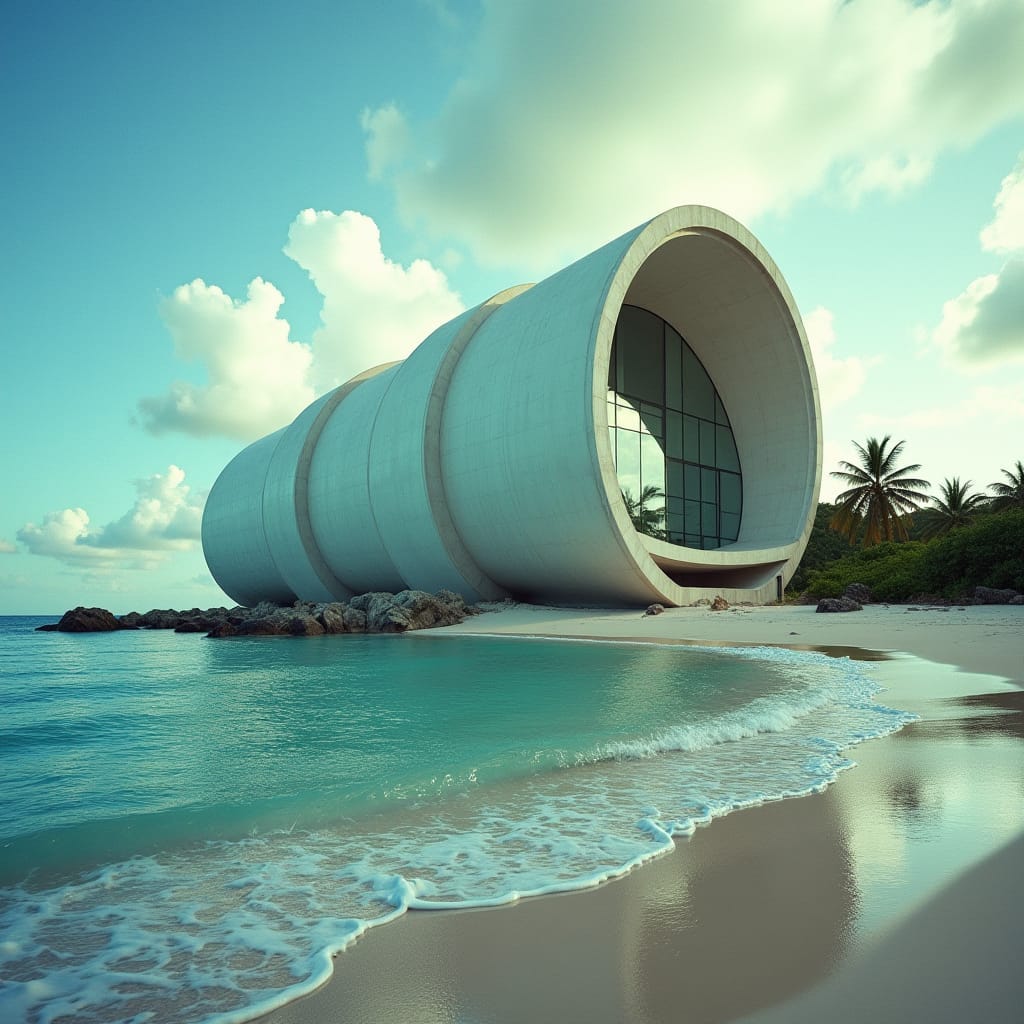 Massive, torus-shaped modern building on beach in jamaica