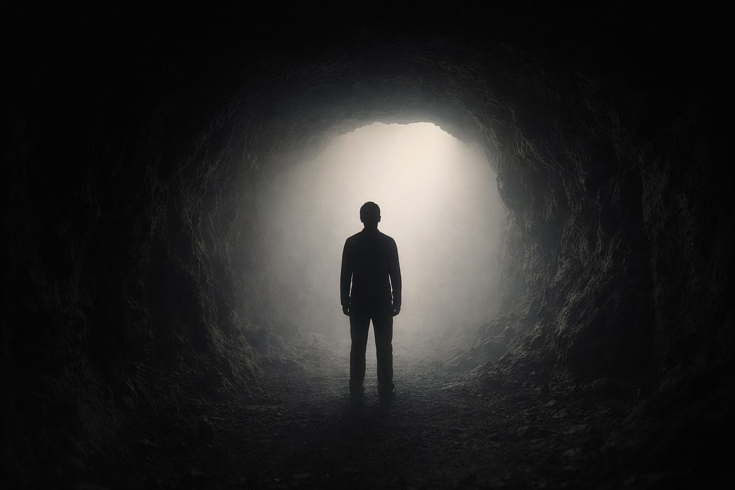 A solitary figure stands inside a dark cave, facing a soft, diffused light ahead.