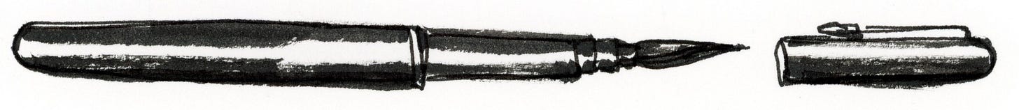 Black and white ink drawing of Pentel Pocket Brush Pen by cartoonist K. Woodman-Maynard. 