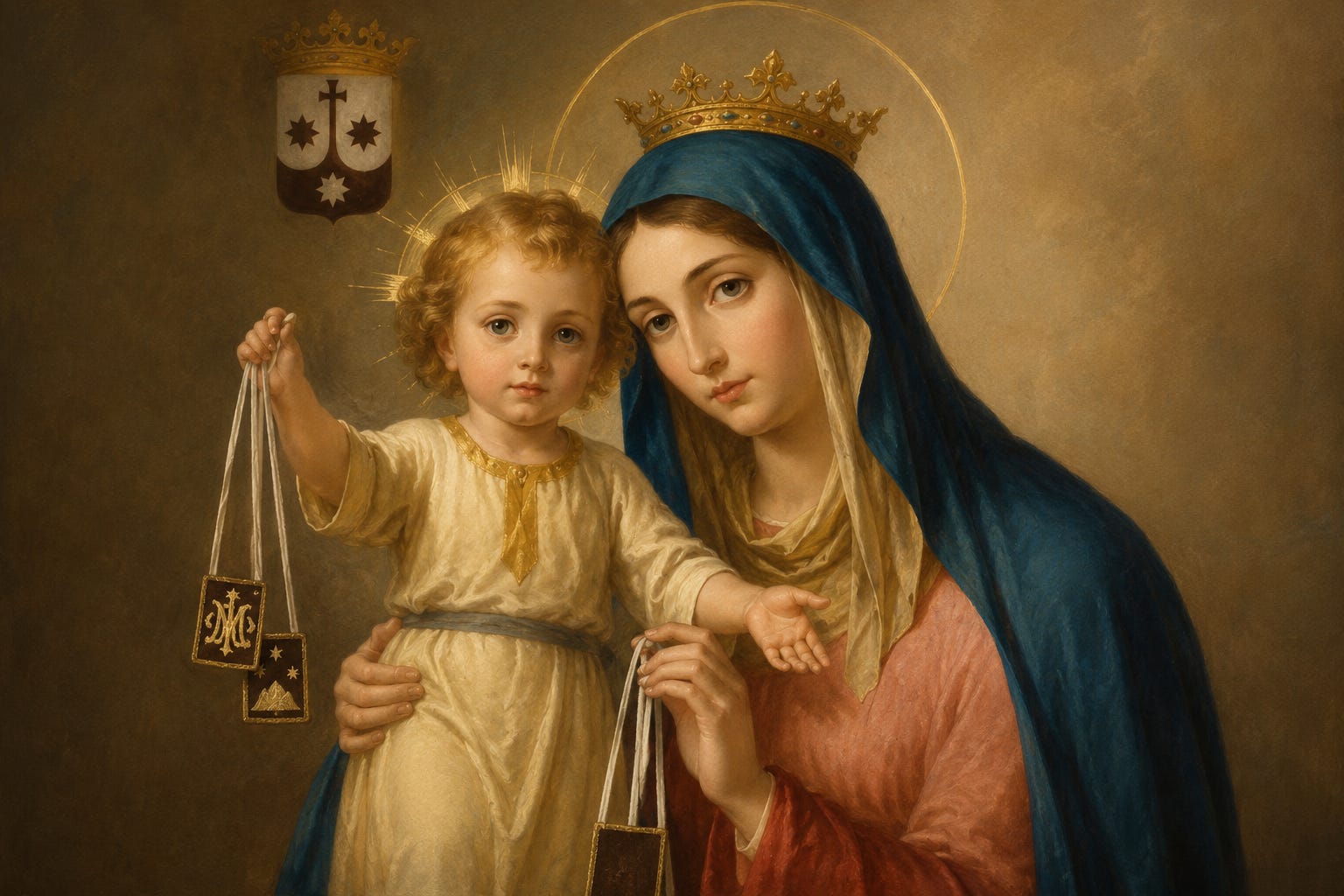 Our Lady of Mount Carmel holding the Christ Child, who presents the Brown Scapular as a sign of Mary's loving care. Our Lady of Mount Carmel holding the Christ Child, who presents the Brown Scapular as a sign of Mary's loving care.