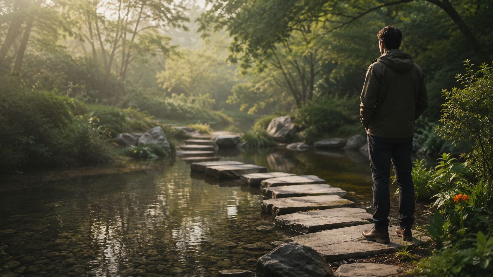 A man pauses beside a stepping-stone path crossing a shallow stream, with the route continuing through a sunlit wooded garden. A man pauses beside a stepping-stone path crossing a shallow stream, with the route continuing through a sunlit wooded garden.
