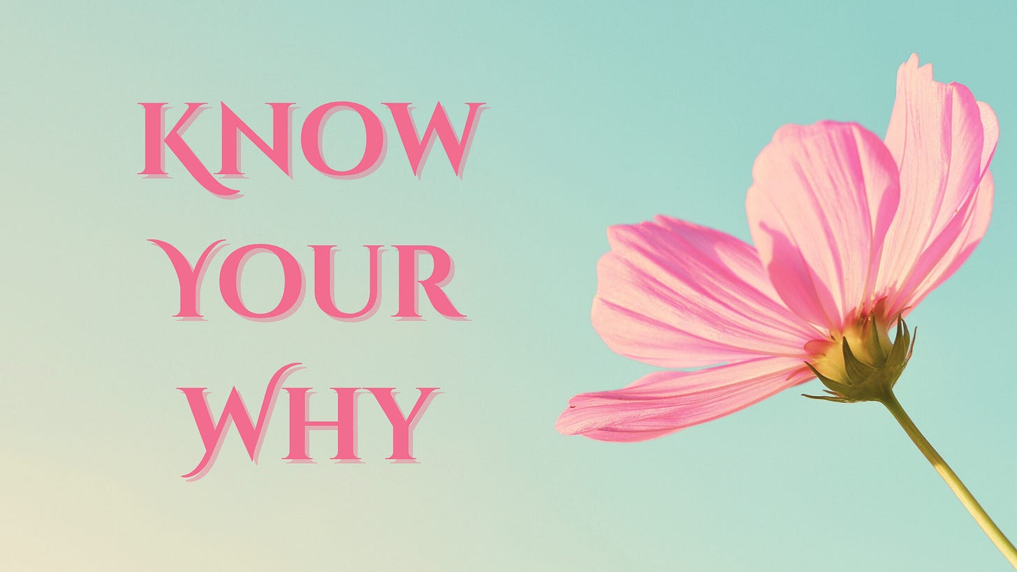 Picture of pink flower with the text "Know Your Why" (made with Canva Pro).