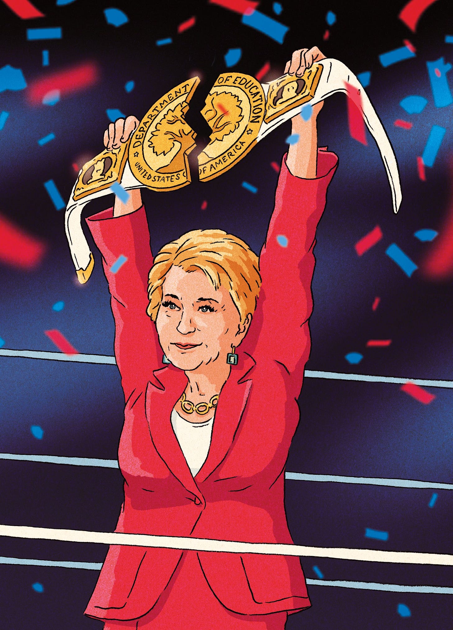 Linda McMahon in a WWE ring holding up a broken belt with the seal of the Department of Education Linda McMahon in a WWE ring holding up a broken belt with the seal of the Department of Education