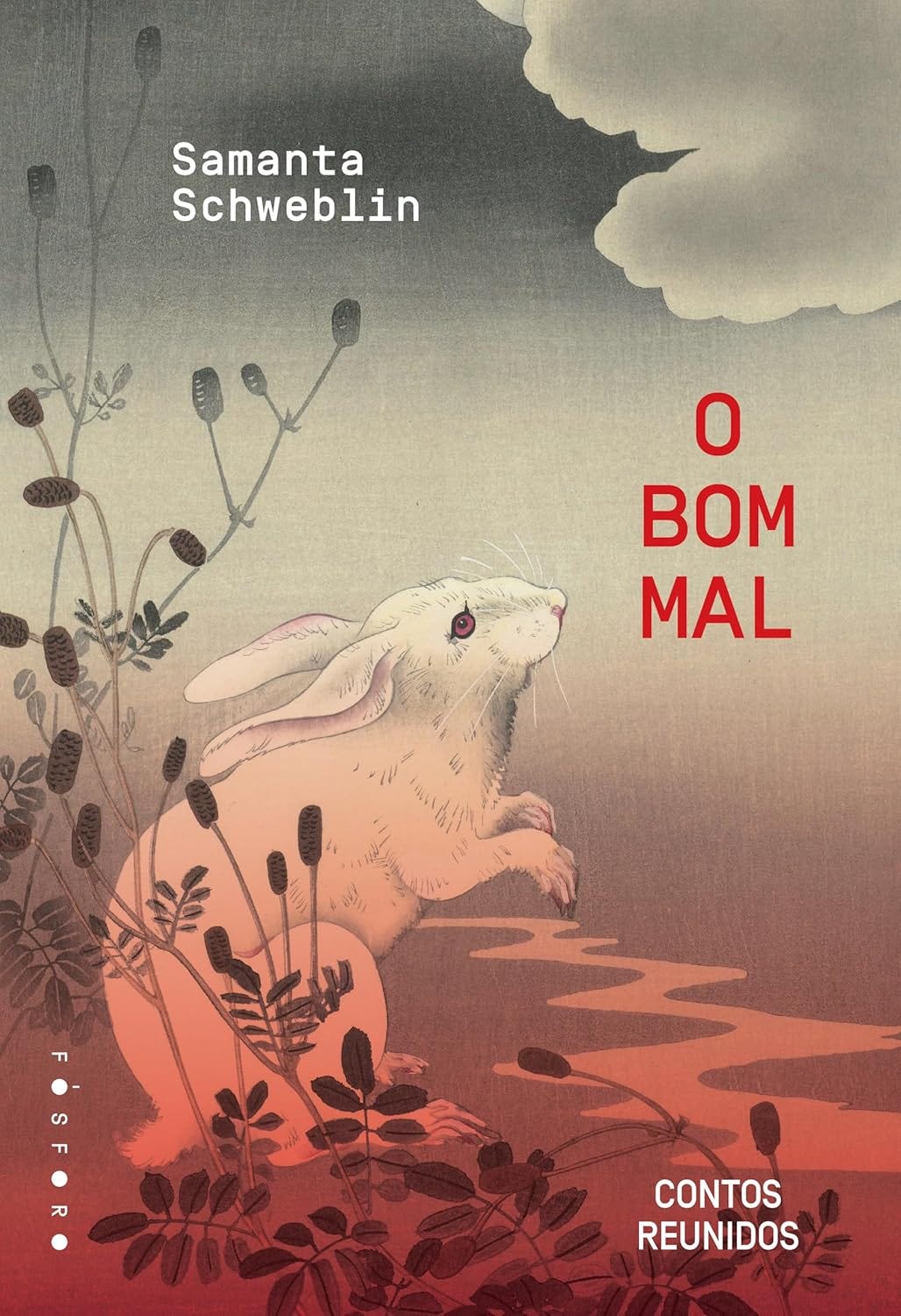 #descrevemospravocê  Capa do livro “O bom mal – Contos reunidos”, de Samanta Schweblin. O nome da autora aparece na parte superior esquerda, em letras brancas e fonte sem serifa. O título do livro está no lado direito, centralizado verticalmente, com a palavra “O” acima de “BOM”, e “MAL” logo abaixo, todos em letras vermelhas. No canto inferior direito, em branco, está o subtítulo “Contos reunidos”. Na lateral esquerda, na vertical, está o nome da editora “Fósforo”, também em letras brancas.  A ilustração principal retrata um coelho branco com olhos vermelhos, que parece emergir de uma vegetação rasteira. A vegetação é composta por galhos finos e flores secas escuras, semelhantes a espigas, que contrastam com o corpo claro do animal. O coelho tem postura ereta, com as patas dianteiras erguidas e os olhos atentos, como se estivesse em alerta ou prestes a fugir. Ao fundo, o céu tem um degradê que vai do cinza escuro ao vermelho-rosado, criando um ambiente misterioso e crepuscular. No canto superior direito, uma nuvem densa e clara avança pela cena, cobrindo parte do céu.  A arte remete ao estilo de xilogravura japonesa, com traços delicados, cores suaves e atmosfera enigmática. A composição visual transmite uma sensação de suspense e inquietação, combinando com o tom de mistério e tensão típico da obra da autora.