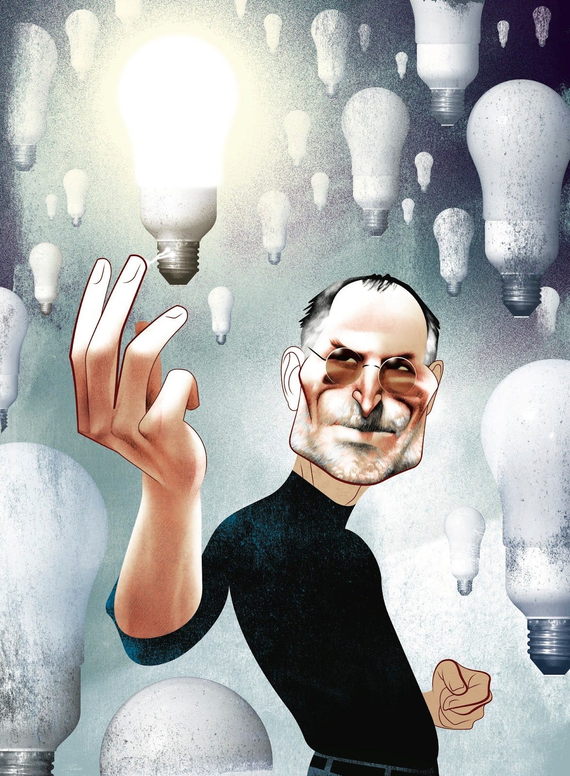 An illustration of Steve Jobs reaching for an illuminated light bulb An illustration of Steve Jobs reaching for an illuminated light bulb