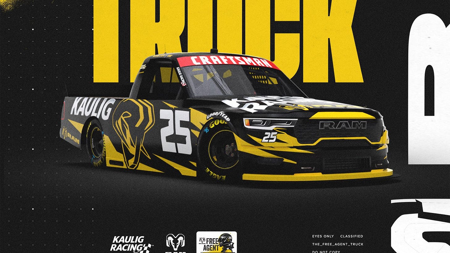 Kaulig Racing, Ram Trucks announce 2026 Free Agent Driver Program which will fill the seat for the team's No. 25 truck in 2026. Kaulig Racing, Ram Trucks announce 2026 Free Agent Driver Program which will fill the seat for the team's No. 25 truck in 2026.