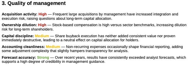 Financial X-Ray management quality assessment for CrowdStrike showing high acquisition activity and high ownership dilution, medium capital discipline and accounting transparency, and strong forecast accuracy. The assessment suggests credible execution and guidance, but highlights integration risk, dilution concerns and uneven long-term capital allocation.