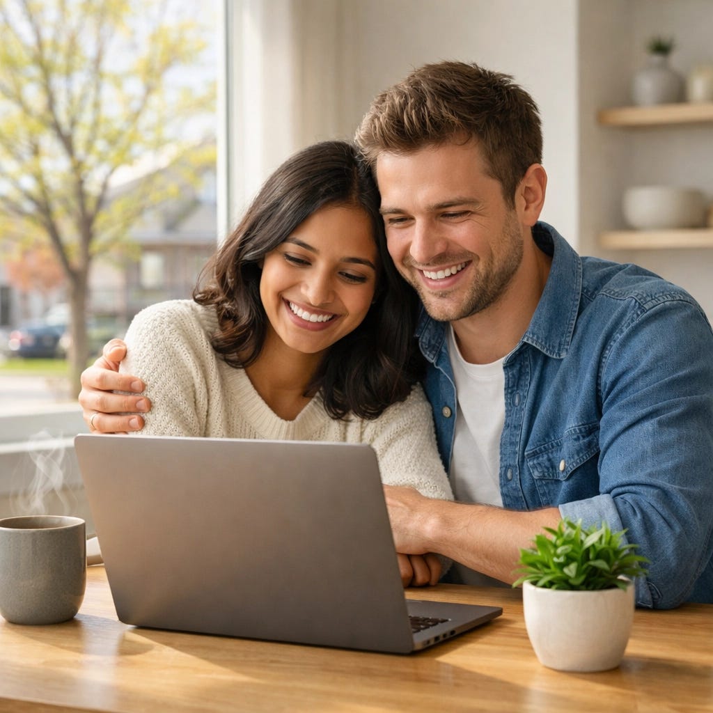 Newcomers to Canada feeling relieved while checking tax benefits and credits on a laptop.