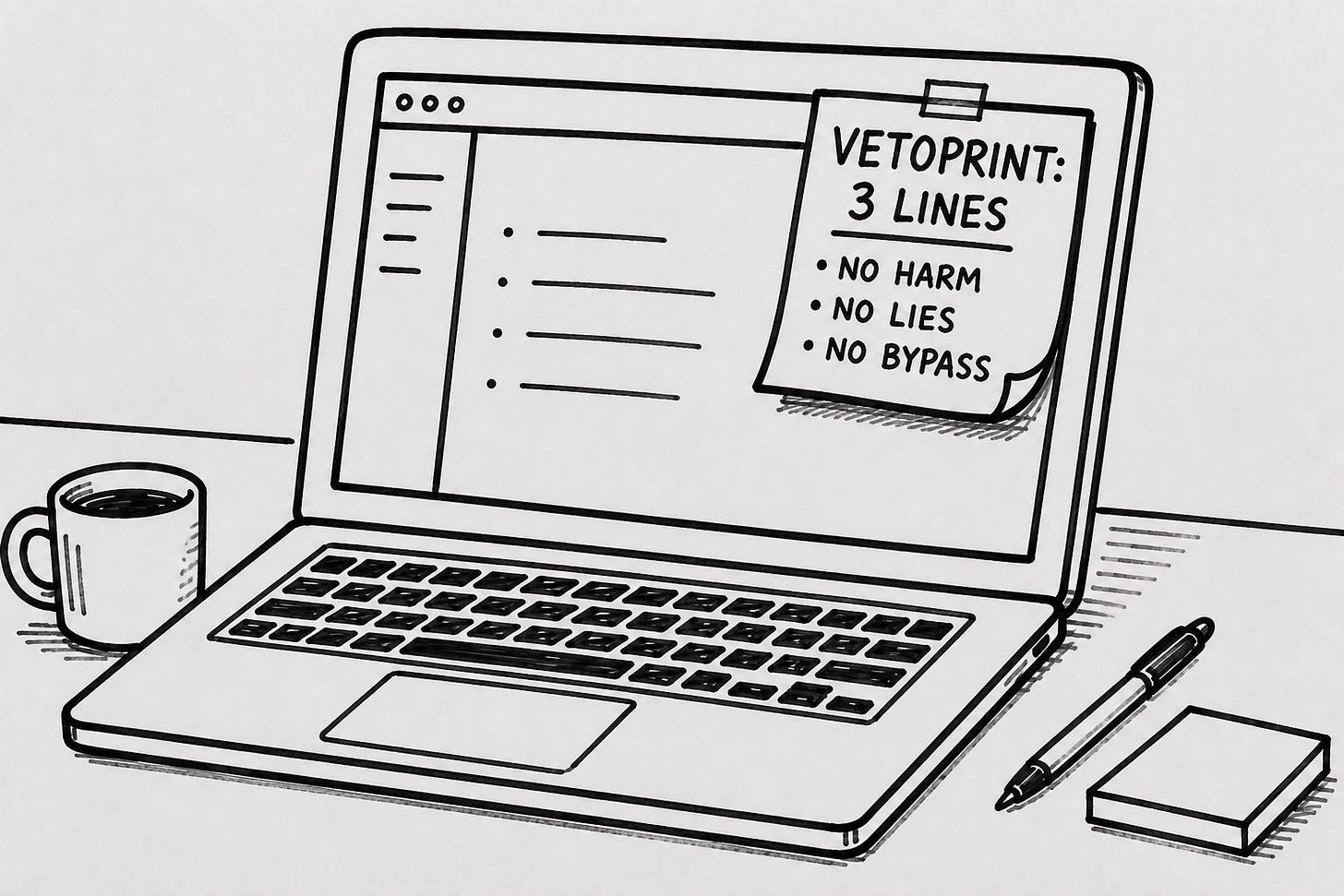 Hand-drawn black marker illustration of an open laptop on a desk, displaying a writing document with bulleted text on screen. A bright sticky note is affixed to the top-right corner of the laptop screen, reading "VETOPRINT: 3 LINES" with three handwritten bullets underneath. A coffee mug sits to the left of the laptop and a pen rests on a small notepad to the right. Illustrates the pinned-policy discipline from Nick Quick's piece on AI workflow boundaries, the Vetoprint methodology, and creator publishing systems. Hand-drawn black marker illustration of an open laptop on a desk, displaying a writing document with bulleted text on screen. A bright sticky note is affixed to the top-right corner of the laptop screen, reading "VETOPRINT: 3 LINES" with three handwritten bullets underneath. A coffee mug sits to the left of the laptop and a pen rests on a small notepad to the right. Illustrates the pinned-policy discipline from Nick Quick's piece on AI workflow boundaries, the Vetoprint methodology, and creator publishing systems.