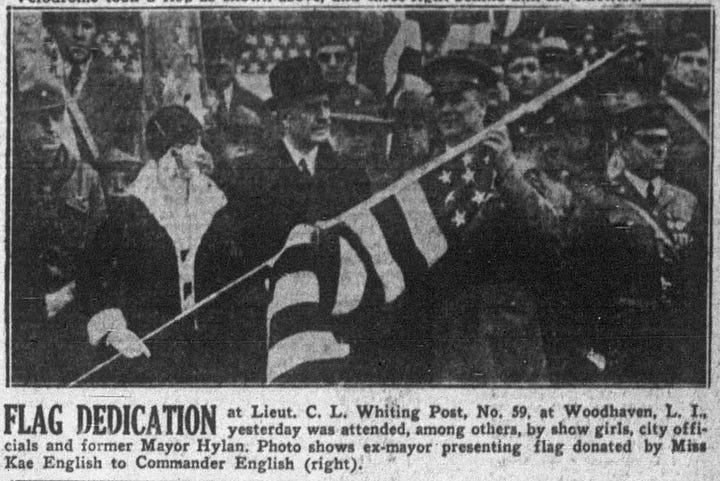 Images are two photographs of a ceremony outside Whiting Memorial Hall in Woodhaven. A group of people stand while several figures hold the flag.