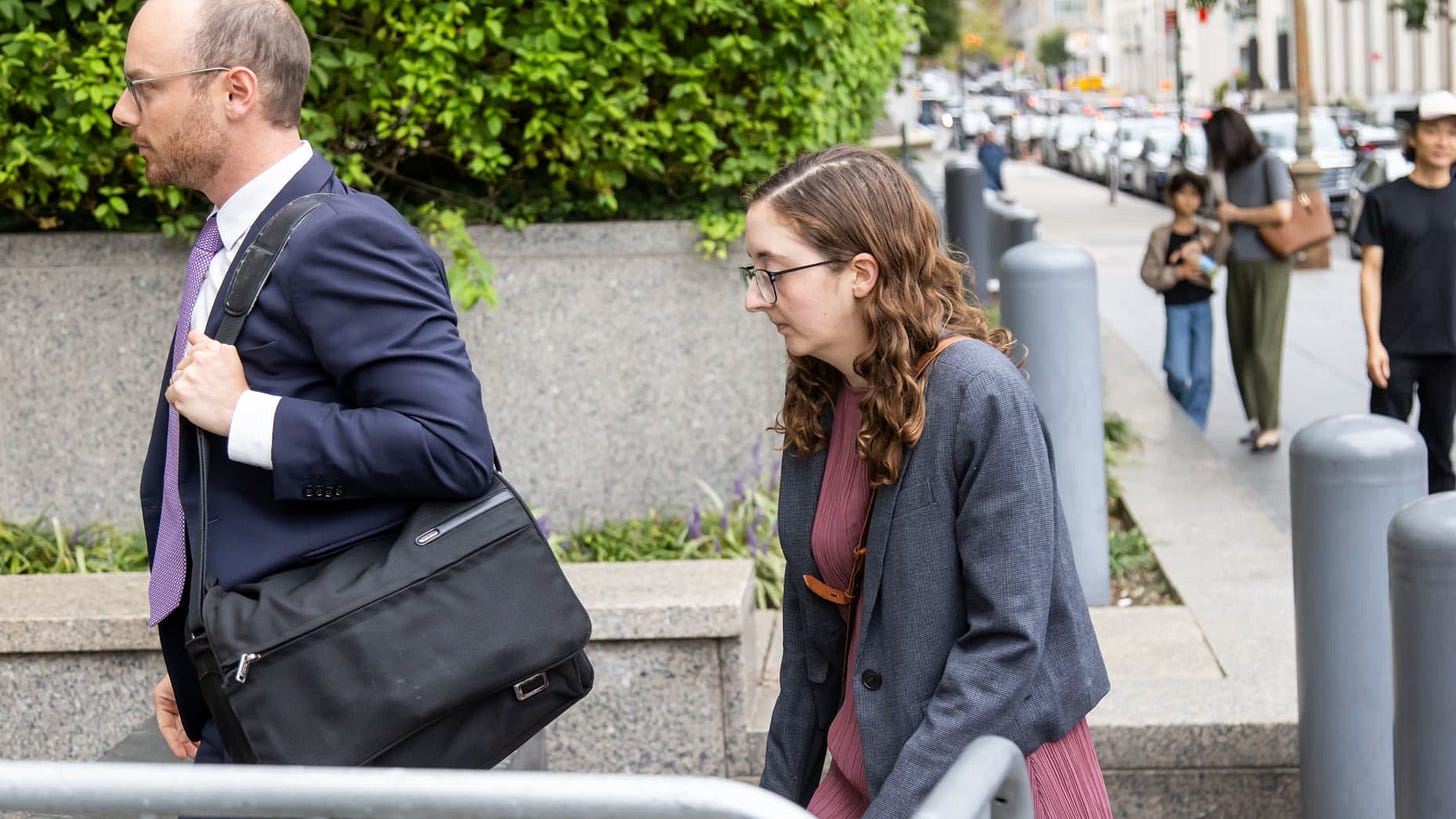 Caroline Ellison, former chief executive officer of Alameda Research LLC, right, arrives at court in New York, US, on Tuesday, Sept. 24, 2024. Ellison was the star witness in the US governments fraud case against the onetime crypto wunderkind Sam Bankman-Fried, helping prosecutors unearth crimes they didn't know about at FTX. Photographer: Michael Nagle/Bloomberg via Getty Images