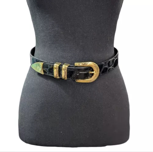 Vintage Axessorium Western Black Alligator Print Patent Leather Belt Size S/M - Picture 1 of 6